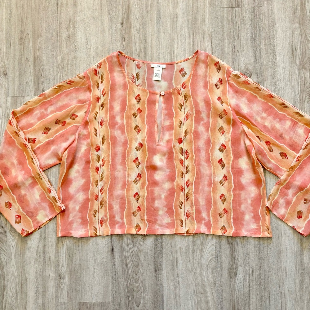 IOS 100% Silk Tunic Blouse Sheer Pink Layering Womens Size Large Glitter‎ Crop